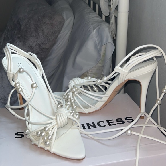 Pearl Lace Up Open Toe Heels - Picture 1 of 6